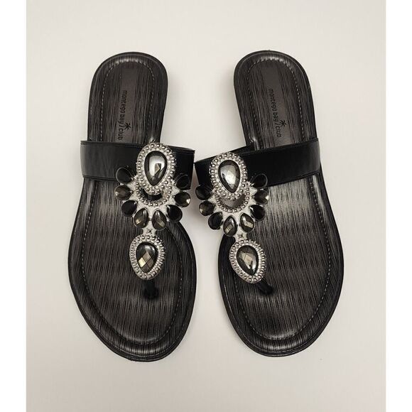 Montego Bay Club T Strap Black Heel Wedge Sandals Shoes Size US 7 - Picture 3 of 10